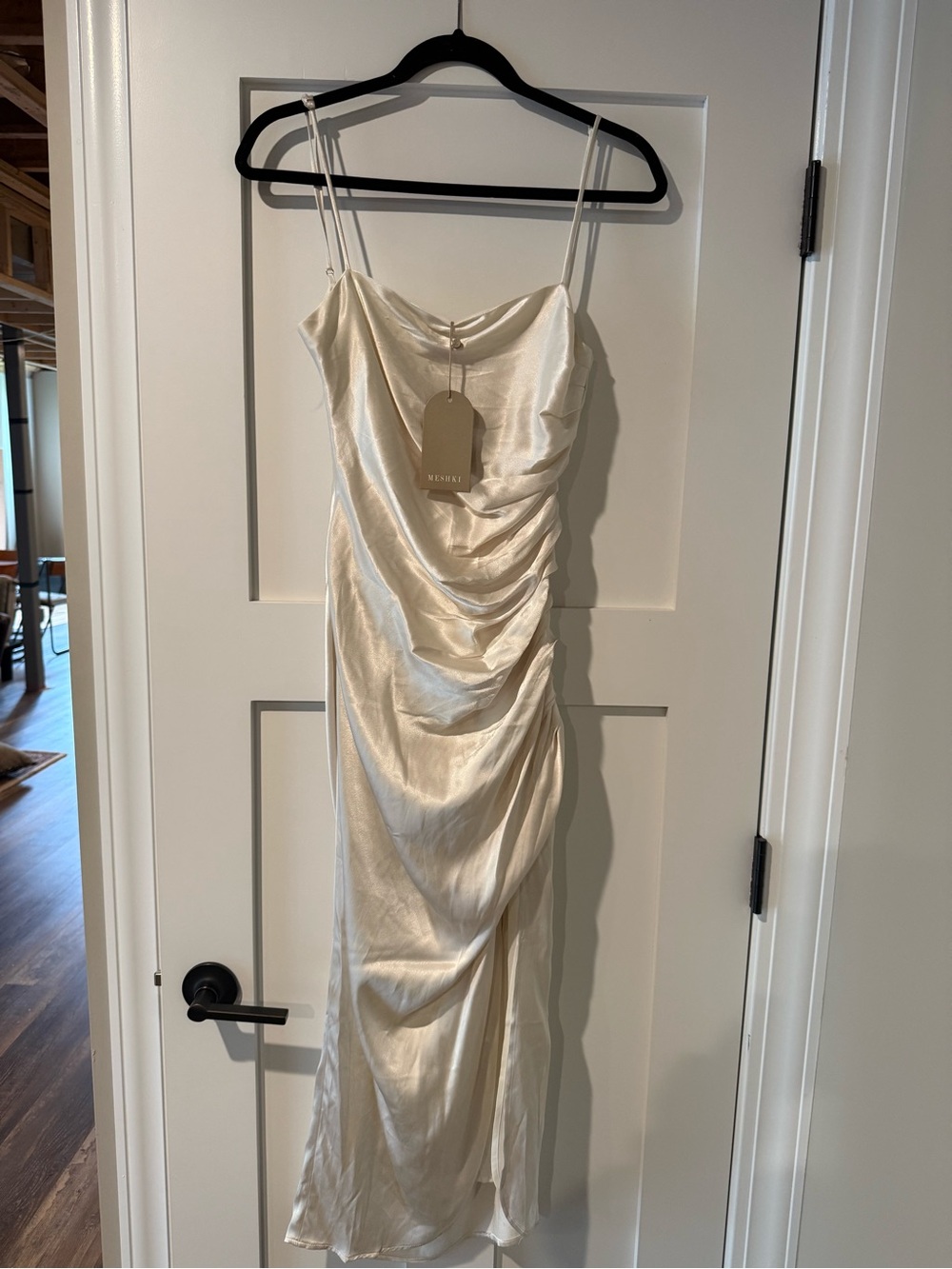 Meshki Satin Ruched Midi Dress in Ivory